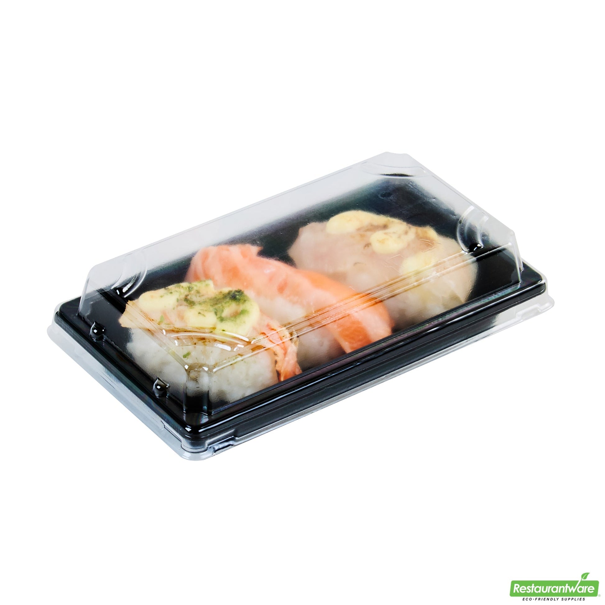 Wholesale Restaurantware Roku Rectangle Black Plastic Take Out Sushi Tray - with Clear Lid - 5 1/4" X 3 1/4" X 1 1/2" - 100 Count Box- Bulk