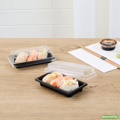 Wholesale Restaurantware Roku Rectangle Black Plastic Take Out Sushi Tray - with Clear Lid - 5 1/4" X 3 1/4" X 1 1/2" - 100 Count Box- Bulk