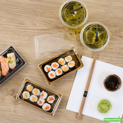 Wholesale Restaurantware Roku Rectangle Gold Plastic Take Out Sushi Tray - with Clear Lid - 5 1/4" X 3 1/4" X 1 1/2" - 100 Count Box- Bulk