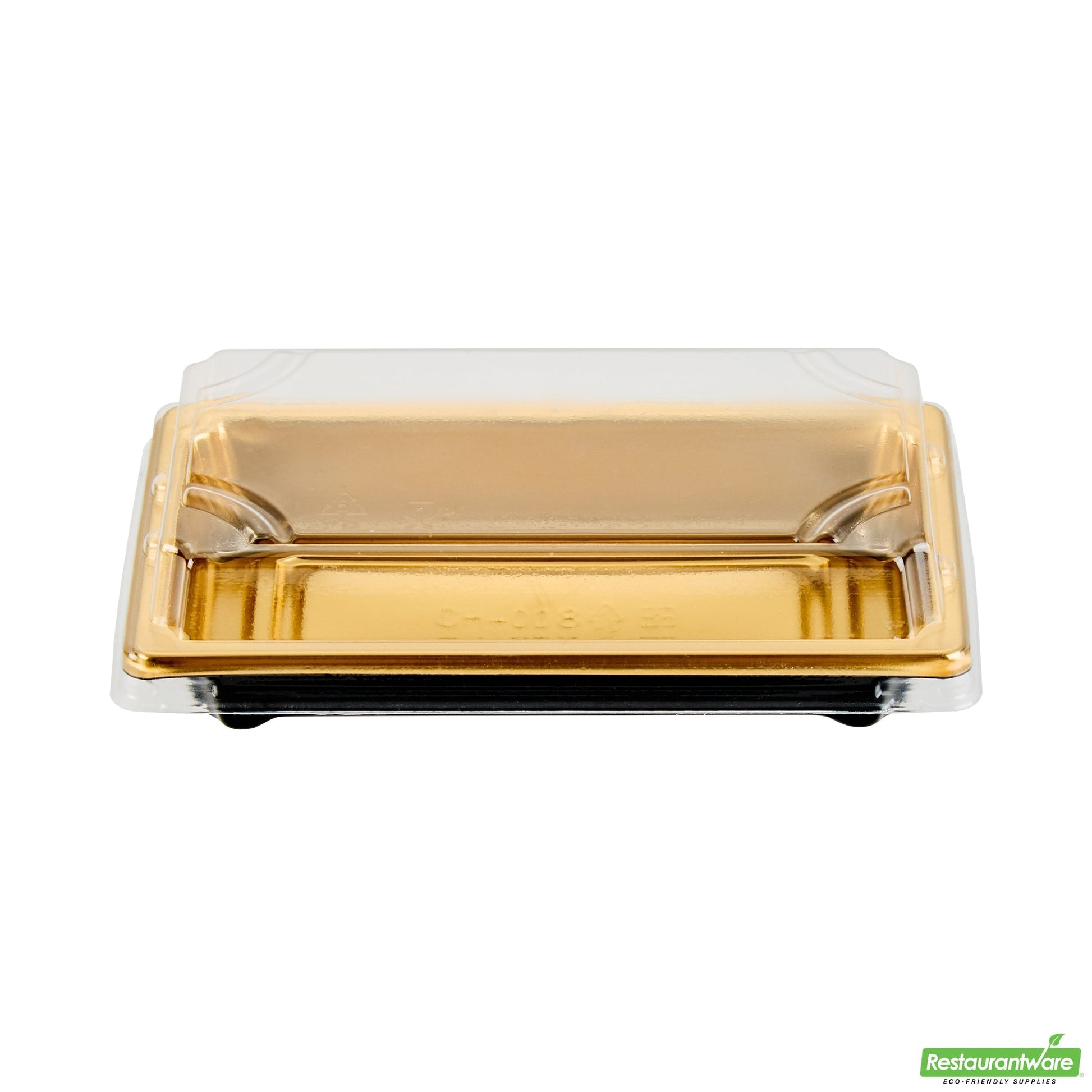 Wholesale Restaurantware Roku Rectangle Gold Plastic Take Out Sushi Tray - with Clear Lid - 5 1/4" X 3 1/4" X 1 1/2" - 100 Count Box- Bulk