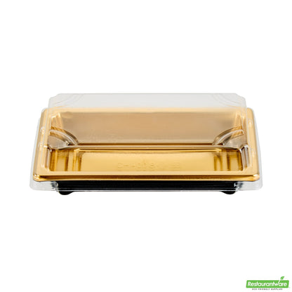 Wholesale Restaurantware Roku Rectangle Gold Plastic Take Out Sushi Tray - with Clear Lid - 5 1/4" X 3 1/4" X 1 1/2" - 100 Count Box- Bulk