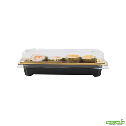 Wholesale Restaurantware Roku Rectangle Gold Plastic Take Out Sushi Tray - with Clear Lid - 5 1/4" X 3 1/4" X 1 1/2" - 100 Count Box- Bulk
