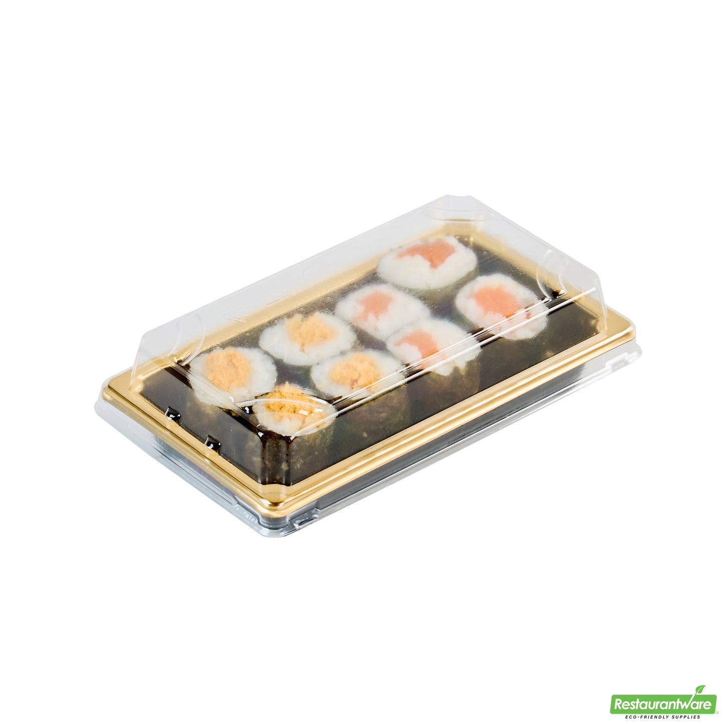 Wholesale Restaurantware Roku Rectangle Gold Plastic Take Out Sushi Tray - with Clear Lid - 5 1/4" X 3 1/4" X 1 1/2" - 100 Count Box- Bulk