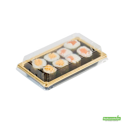 Wholesale Restaurantware Roku Rectangle Gold Plastic Take Out Sushi Tray - with Clear Lid - 5 1/4" X 3 1/4" X 1 1/2" - 100 Count Box- Bulk