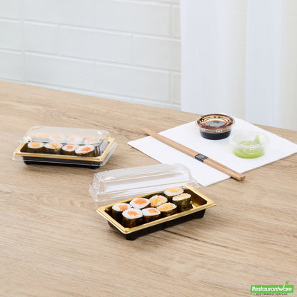 Wholesale Restaurantware Roku Rectangle Gold Plastic Take Out Sushi Tray - with Clear Lid - 5 1/4" X 3 1/4" X 1 1/2" - 100 Count Box- Bulk