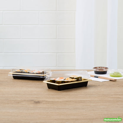Wholesale Restaurantware Roku Rectangle Gold Plastic Take Out Sushi Tray - with Clear Lid - 5 1/4" X 3 1/4" X 1 1/2" - 100 Count Box- Bulk