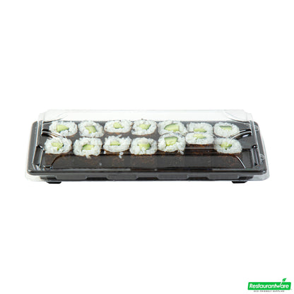Wholesale Restaurantware Roku Rectangle Black Plastic Take Out Sushi Tray - with Clear Lid - 8 1/2" X 3 1/4" X 1 3/4" - 100 Count Box- Bulk