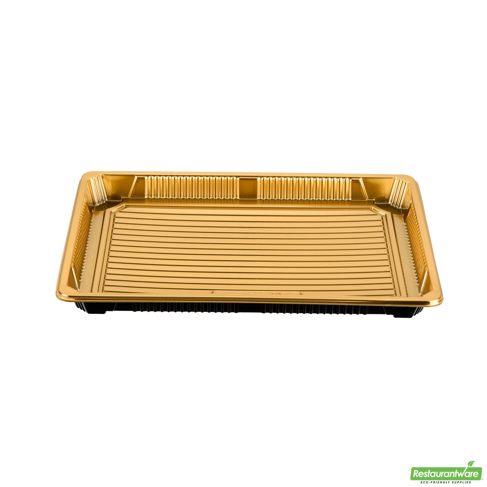 Wholesale Restaurantware Roku Rectangle Gold Plastic Take Out Sushi Tray - with Clear Lid - 10" X 7 1/4" X 1 3/4" - 100 Count Box- Bulk