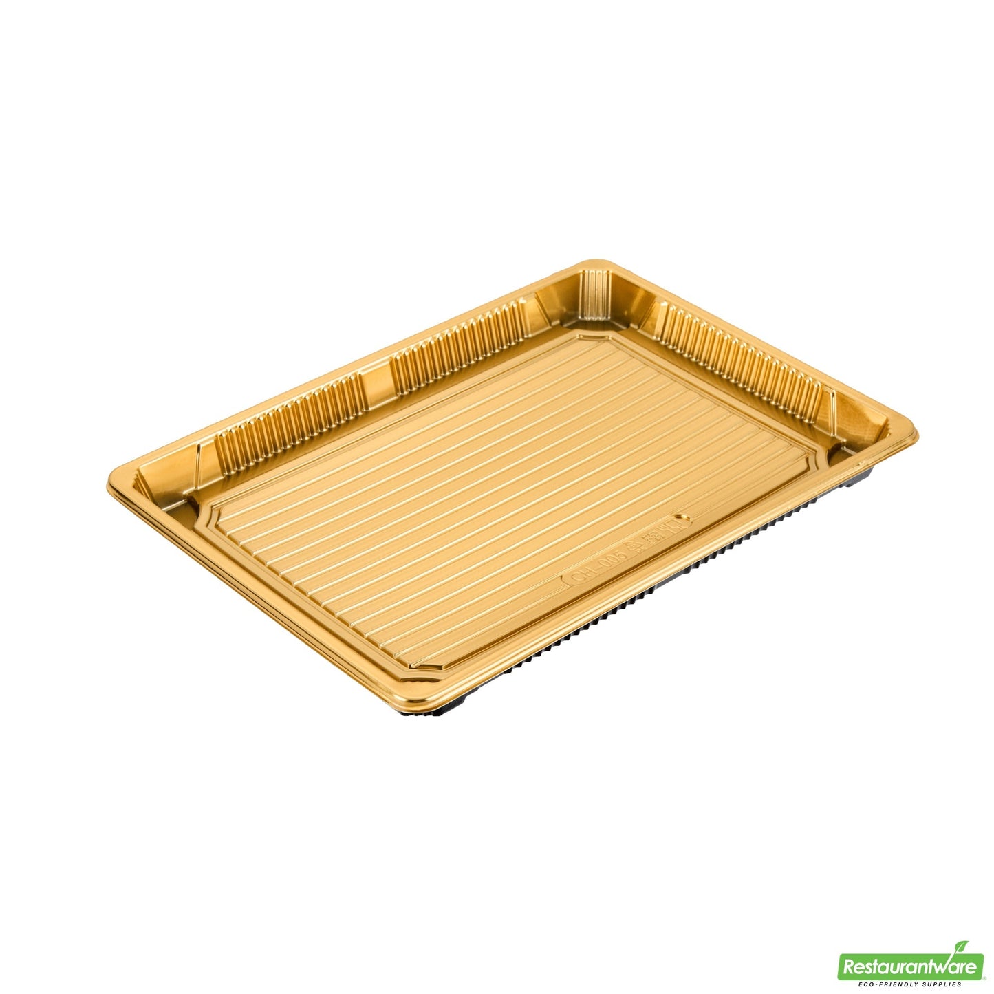 Wholesale Restaurantware Roku Rectangle Gold Plastic Take Out Sushi Tray - with Clear Lid - 10" X 7 1/4" X 1 3/4" - 100 Count Box- Bulk