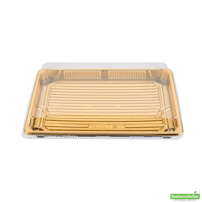 Wholesale Restaurantware Roku Rectangle Gold Plastic Take Out Sushi Tray - with Clear Lid - 10" X 7 1/4" X 1 3/4" - 100 Count Box- Bulk