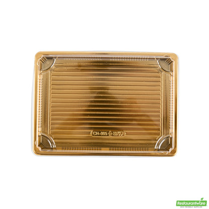 Wholesale Restaurantware Roku Rectangle Gold Plastic Take Out Sushi Tray - with Clear Lid - 10" X 7 1/4" X 1 3/4" - 100 Count Box- Bulk