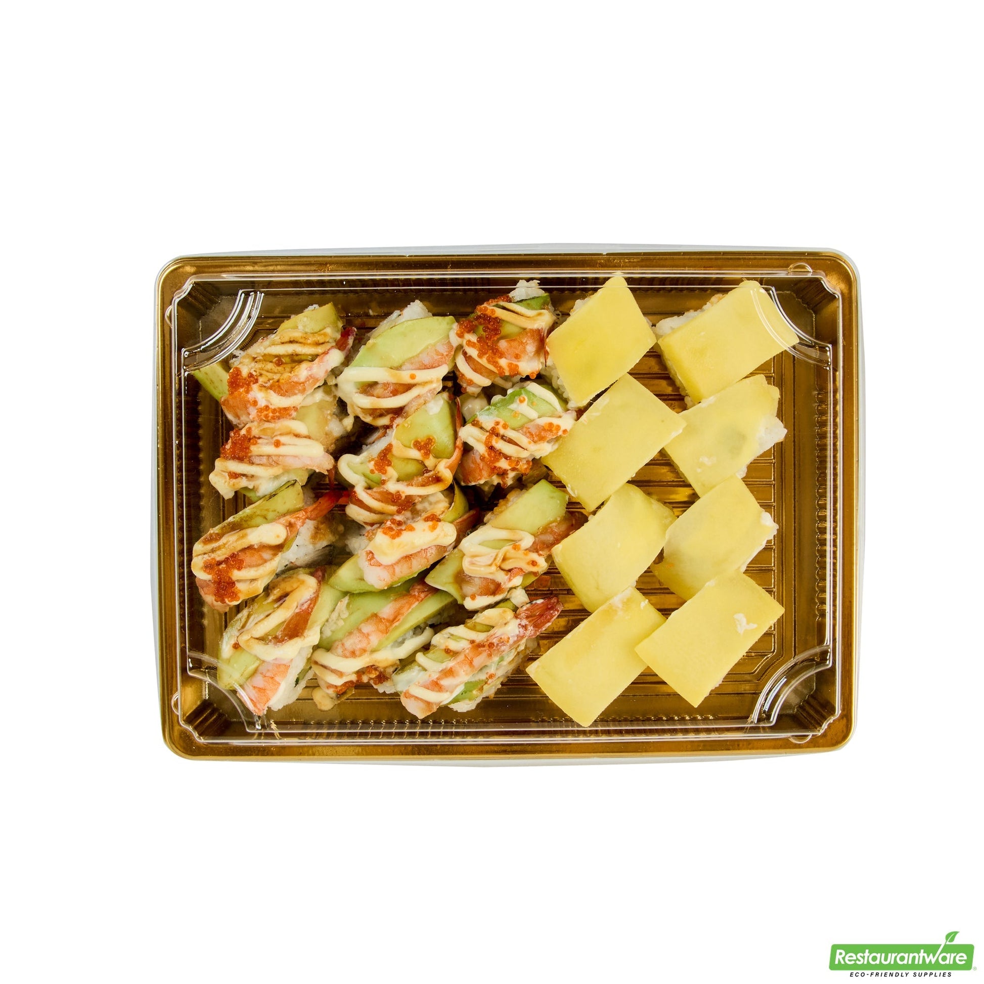 Wholesale Restaurantware Roku Rectangle Gold Plastic Take Out Sushi Tray - with Clear Lid - 10" X 7 1/4" X 1 3/4" - 100 Count Box- Bulk