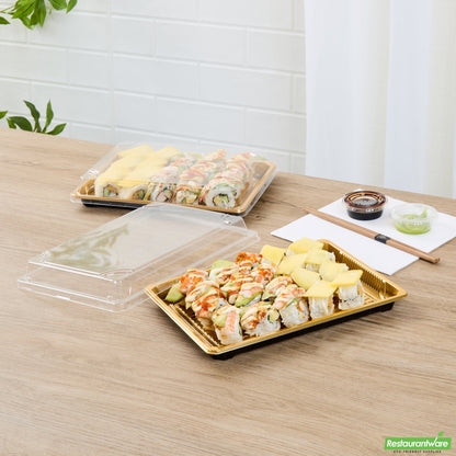 Wholesale Restaurantware Roku Rectangle Gold Plastic Take Out Sushi Tray - with Clear Lid - 10" X 7 1/4" X 1 3/4" - 100 Count Box- Bulk