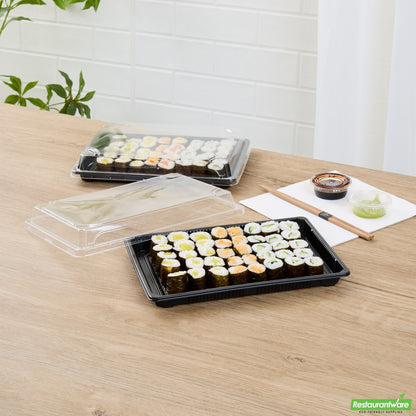 Wholesale Restaurantware Roku Rectangle Black Plastic Take Out Sushi Tray - with Clear Lid - 10" X 7 1/4" X 1 3/4" - 100 Count Box- Bulk