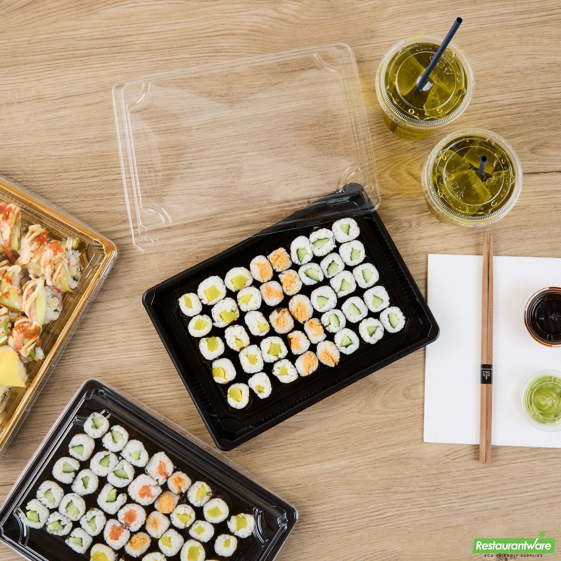 Wholesale Restaurantware Roku Rectangle Black Plastic Take Out Sushi Tray - with Clear Lid - 10" X 7 1/4" X 1 3/4" - 100 Count Box- Bulk