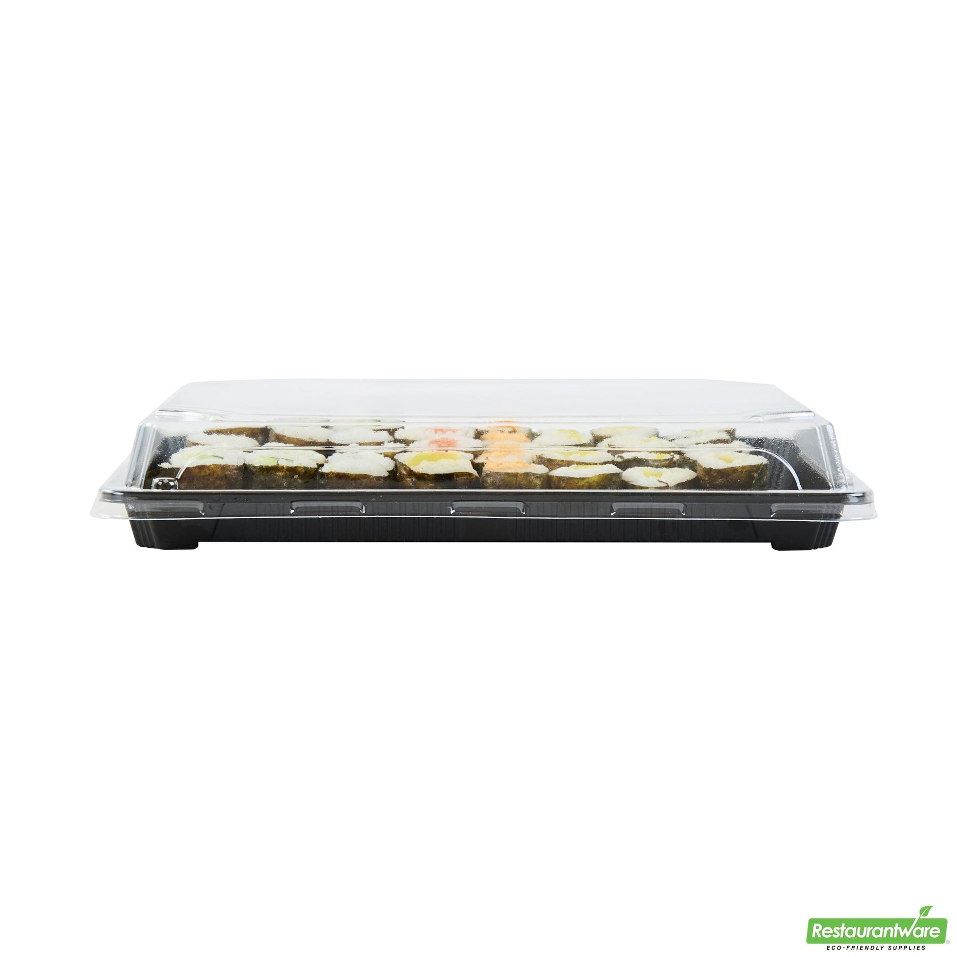 Wholesale Restaurantware Roku Rectangle Black Plastic Take Out Sushi Tray - with Clear Lid - 10" X 7 1/4" X 1 3/4" - 100 Count Box- Bulk