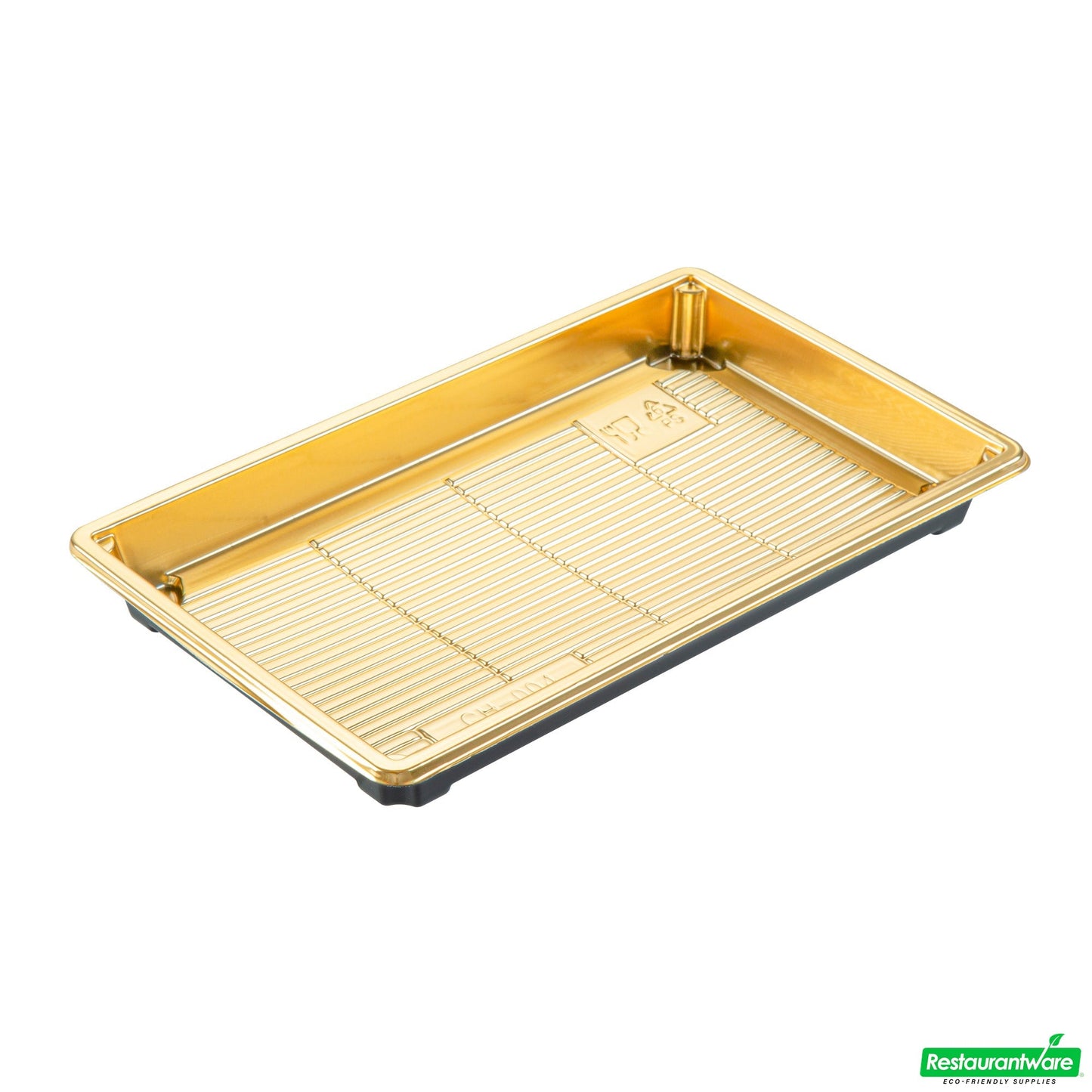 Wholesale Restaurantware Roku Rectangle Gold Plastic Take Out Sushi Tray - with Clear Lid - 9 1/4" X 6" X 1 3/4" - 100 Count Box- Bulk