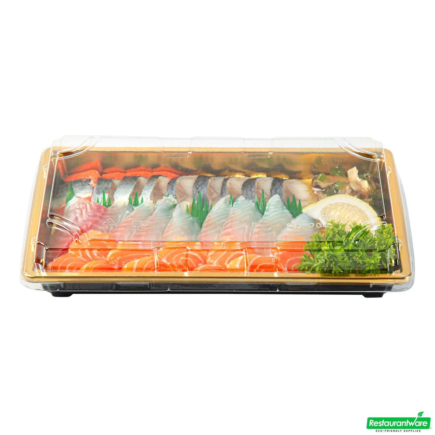 Wholesale Restaurantware Roku Rectangle Gold Plastic Take Out Sushi Tray - with Clear Lid - 9 1/4" X 6" X 1 3/4" - 100 Count Box- Bulk