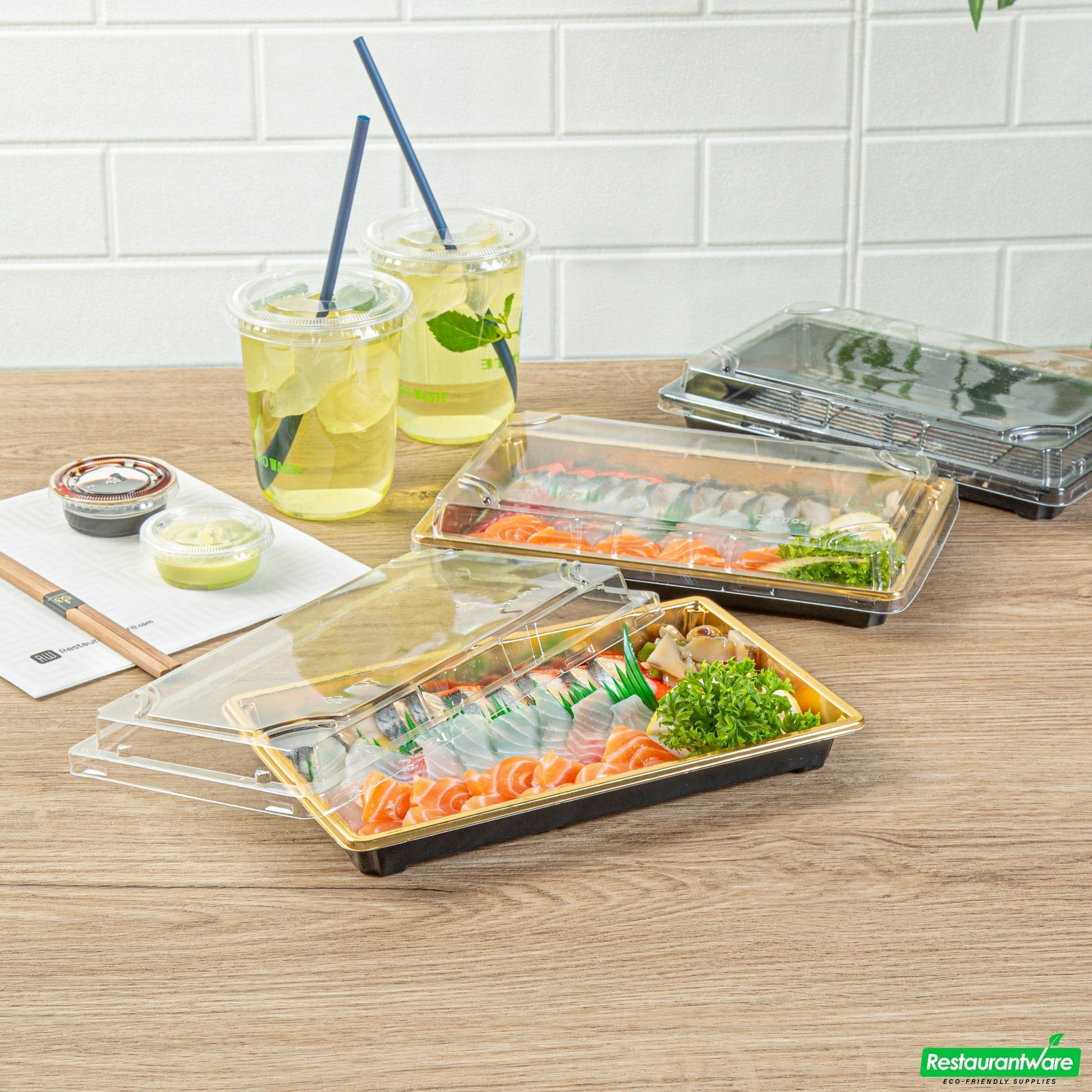 Wholesale Restaurantware Roku Rectangle Gold Plastic Take Out Sushi Tray - with Clear Lid - 9 1/4" X 6" X 1 3/4" - 100 Count Box- Bulk