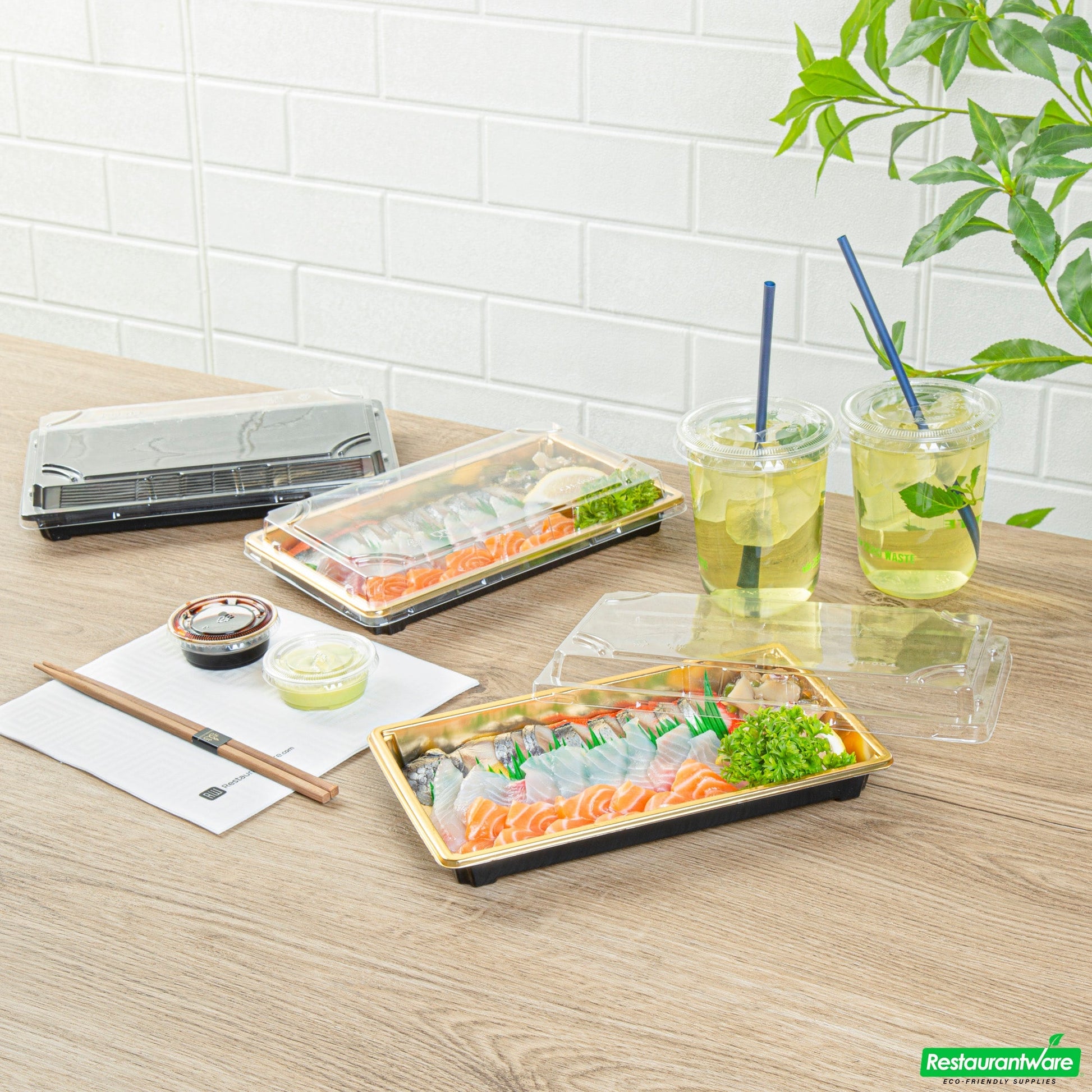 Wholesale Restaurantware Roku Rectangle Gold Plastic Take Out Sushi Tray - with Clear Lid - 9 1/4" X 6" X 1 3/4" - 100 Count Box- Bulk