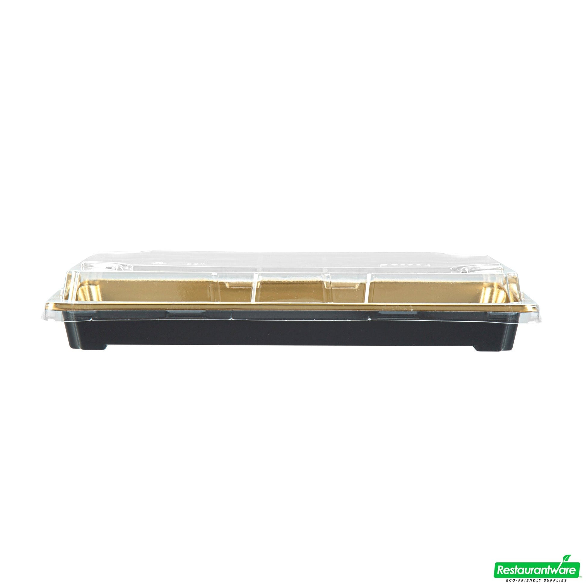 Wholesale Restaurantware Roku Rectangle Gold Plastic Take Out Sushi Tray - with Clear Lid - 9 1/4" X 6" X 1 3/4" - 100 Count Box- Bulk