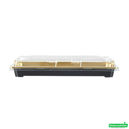 Wholesale Restaurantware Roku Rectangle Gold Plastic Take Out Sushi Tray - with Clear Lid - 9 1/4" X 6" X 1 3/4" - 100 Count Box- Bulk
