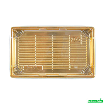 Wholesale Restaurantware Roku Rectangle Gold Plastic Take Out Sushi Tray - with Clear Lid - 9 1/4" X 6" X 1 3/4" - 100 Count Box- Bulk