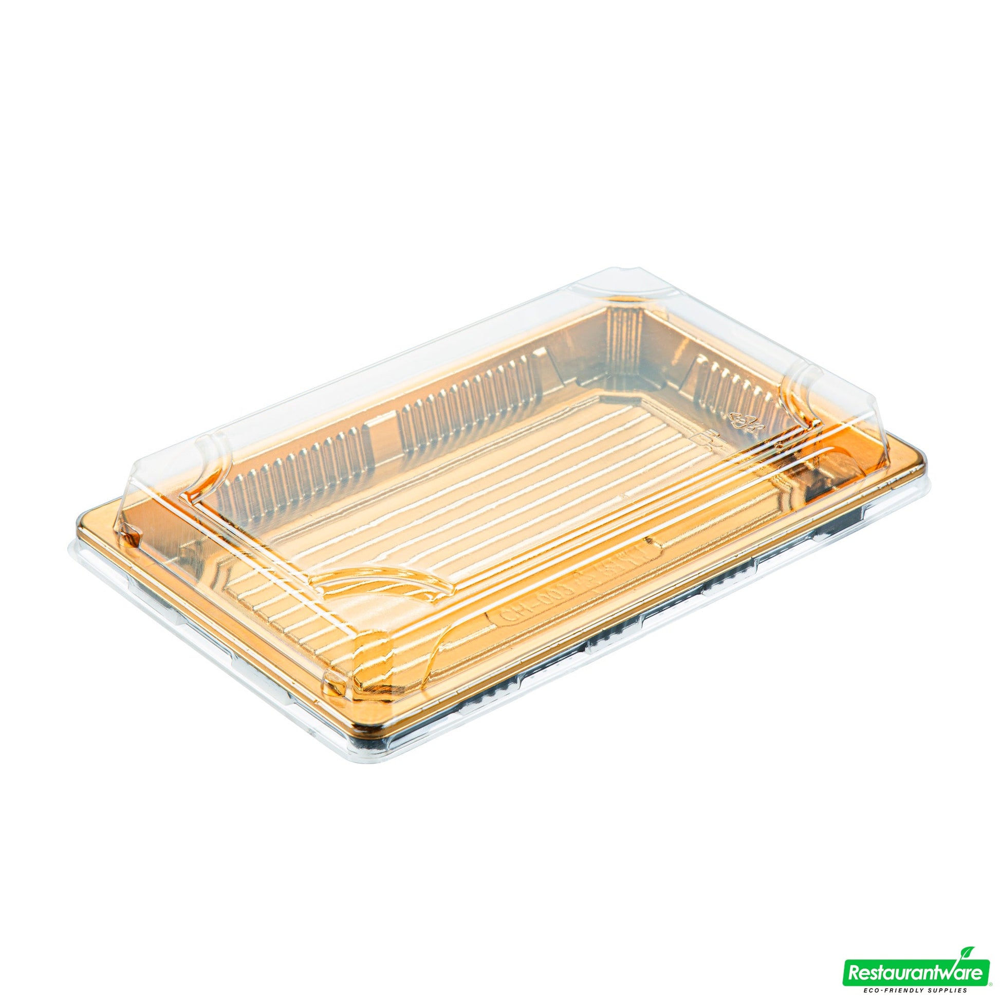 Wholesale Restaurantware Roku Rectangle Gold Plastic Take Out Sushi Tray - with Clear Lid - 8 1/4" X 5 1/4" X 1 1/2" - 100 Count Box- Bulk