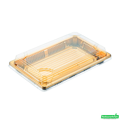 Wholesale Restaurantware Roku Rectangle Gold Plastic Take Out Sushi Tray - with Clear Lid - 8 1/4" X 5 1/4" X 1 1/2" - 100 Count Box- Bulk