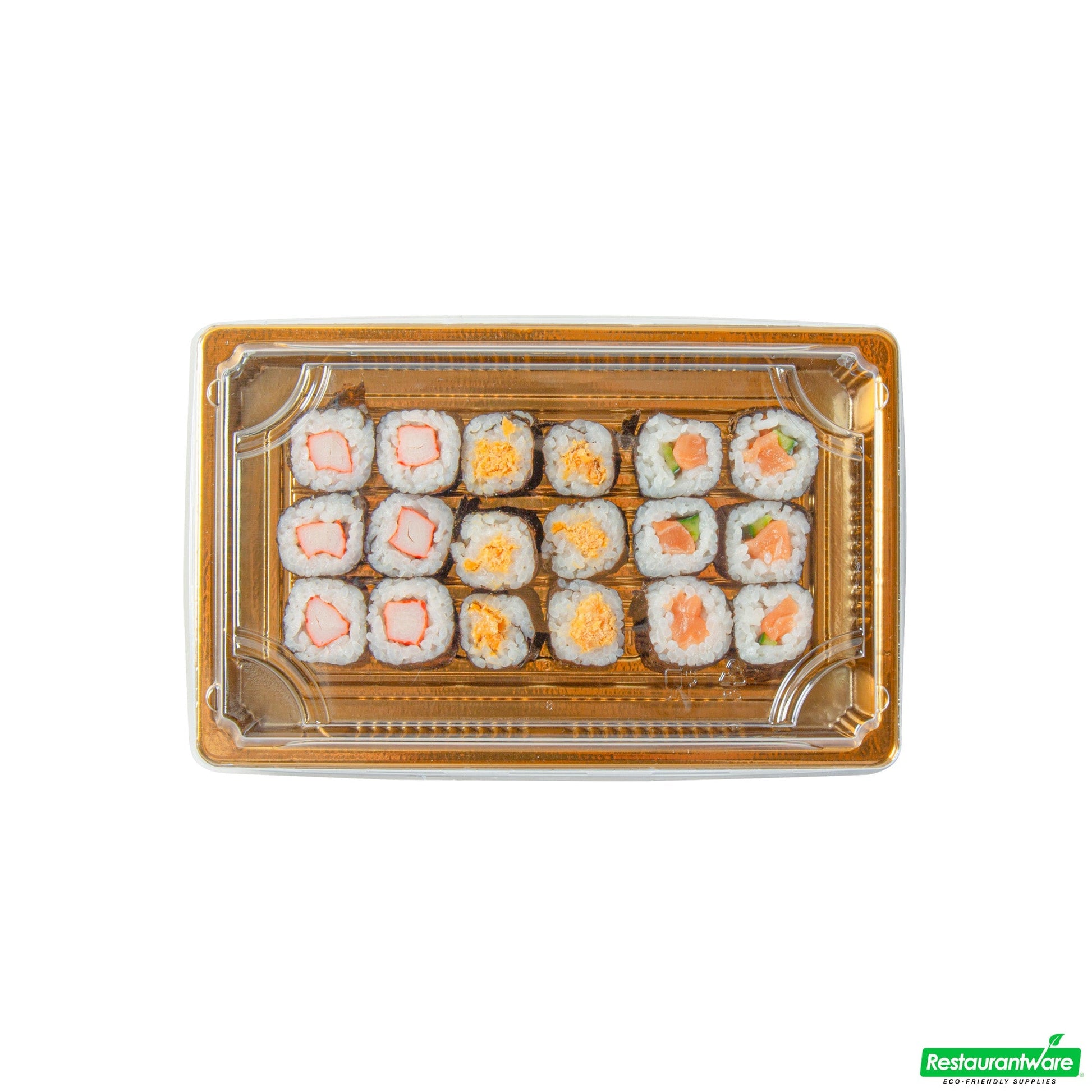 Wholesale Restaurantware Roku Rectangle Gold Plastic Take Out Sushi Tray - with Clear Lid - 8 1/4" X 5 1/4" X 1 1/2" - 100 Count Box- Bulk