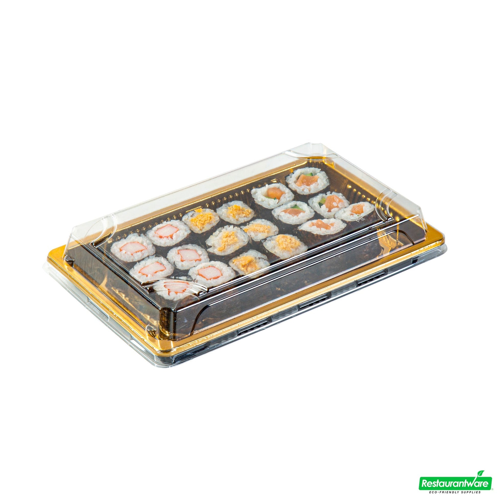 Wholesale Restaurantware Roku Rectangle Gold Plastic Take Out Sushi Tray - with Clear Lid - 8 1/4" X 5 1/4" X 1 1/2" - 100 Count Box- Bulk