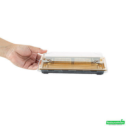 Wholesale Restaurantware Roku Rectangle Gold Plastic Take Out Sushi Tray - with Clear Lid - 8 1/4" X 5 1/4" X 1 1/2" - 100 Count Box- Bulk
