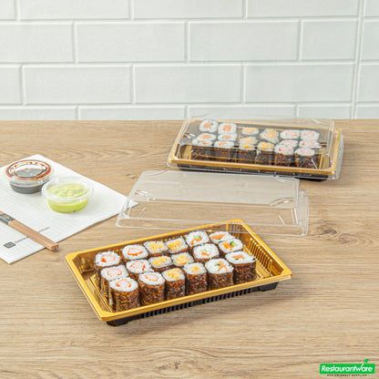 Wholesale Restaurantware Roku Rectangle Gold Plastic Take Out Sushi Tray - with Clear Lid - 8 1/4" X 5 1/4" X 1 1/2" - 100 Count Box- Bulk