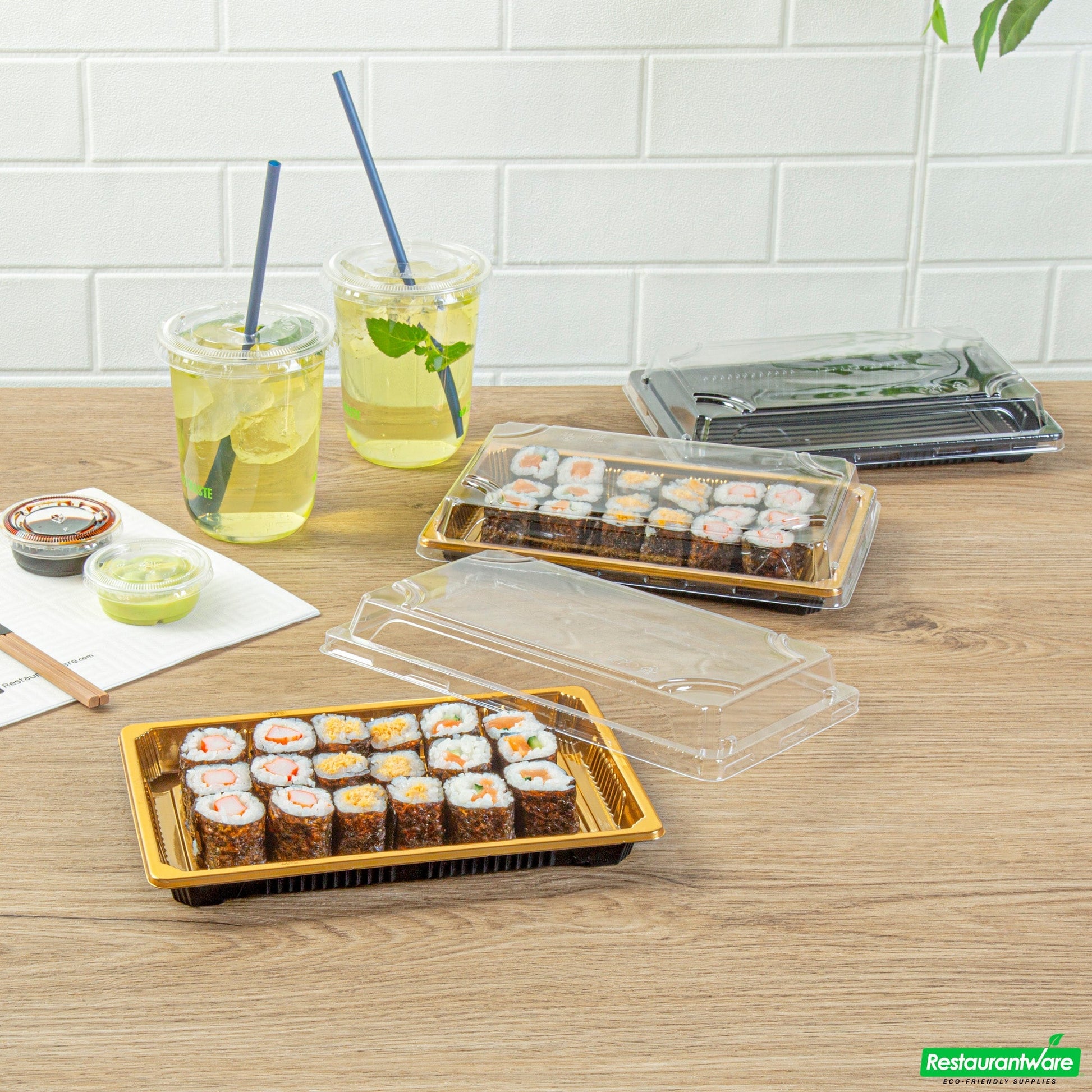 Wholesale Restaurantware Roku Rectangle Gold Plastic Take Out Sushi Tray - with Clear Lid - 8 1/4" X 5 1/4" X 1 1/2" - 100 Count Box- Bulk