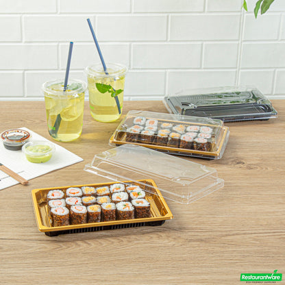 Wholesale Restaurantware Roku Rectangle Gold Plastic Take Out Sushi Tray - with Clear Lid - 8 1/4" X 5 1/4" X 1 1/2" - 100 Count Box- Bulk