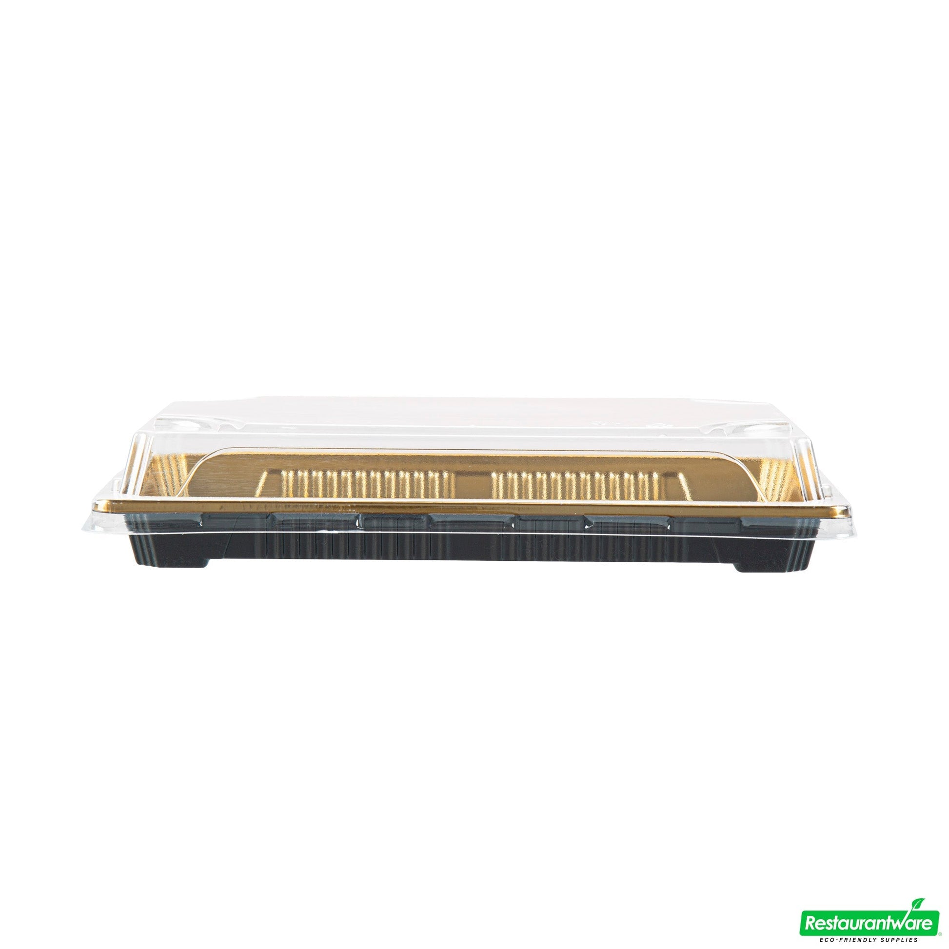 Wholesale Restaurantware Roku Rectangle Gold Plastic Take Out Sushi Tray - with Clear Lid - 8 1/4" X 5 1/4" X 1 1/2" - 100 Count Box- Bulk