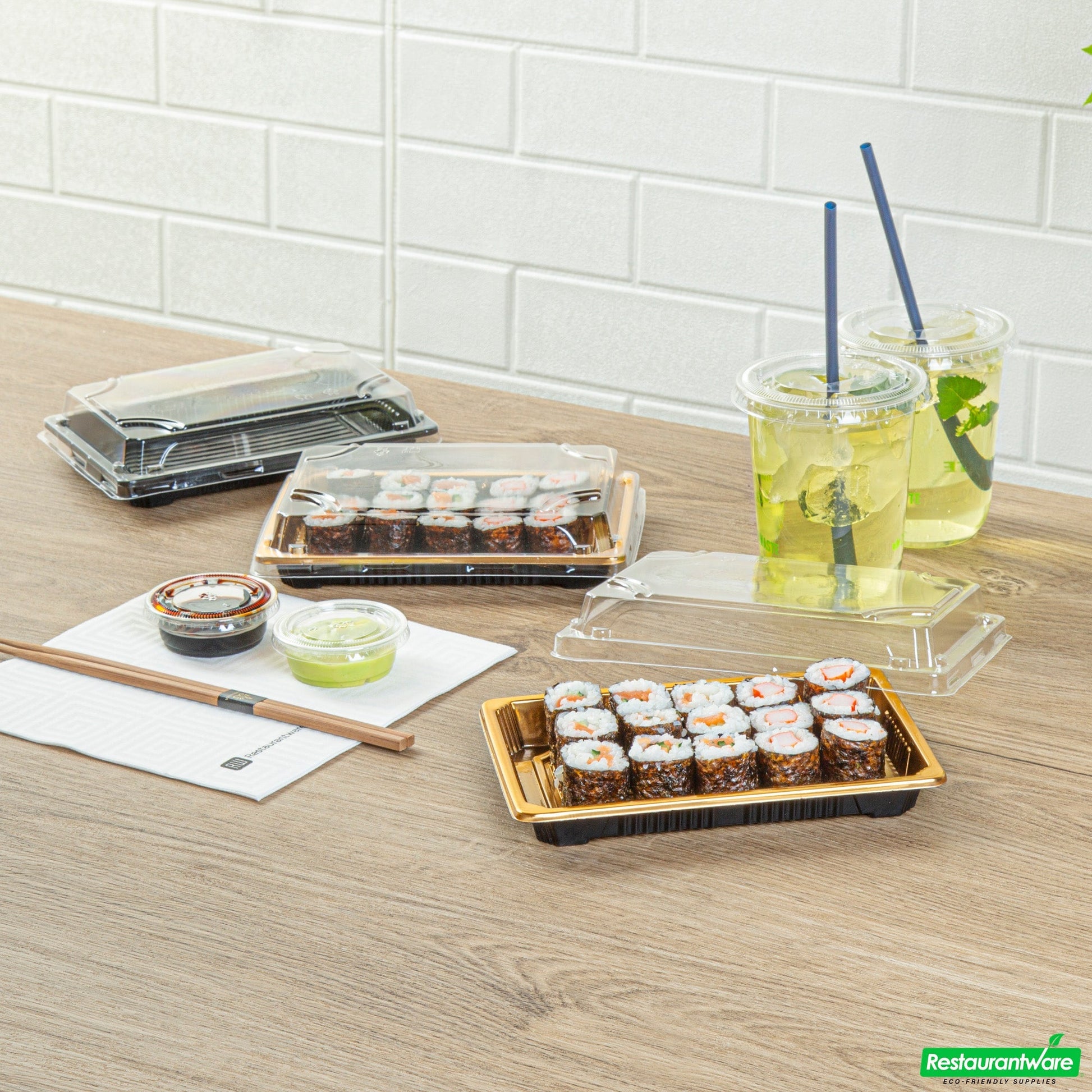 Wholesale Restaurantware Roku Rectangle Gold Plastic Take Out Sushi Tray - with Clear Lid - 7" X 5" X 1 1/2" - 100 Count Box- Bulk