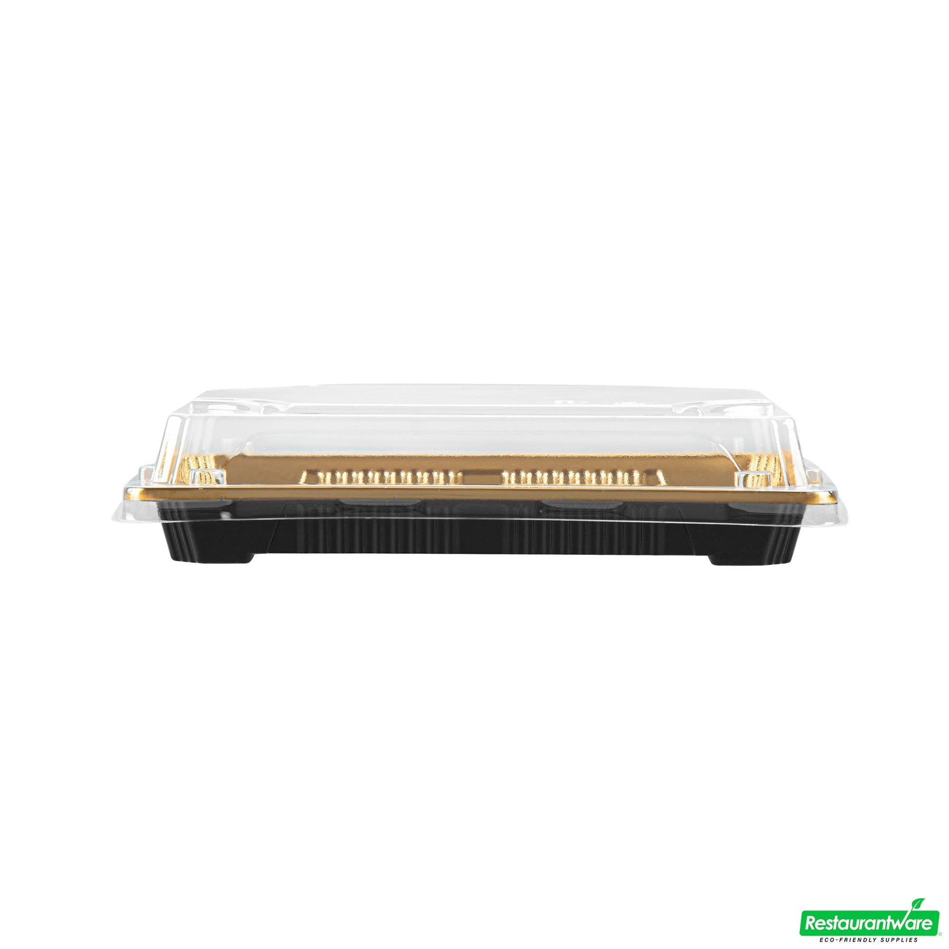 Wholesale Restaurantware Roku Rectangle Gold Plastic Take Out Sushi Tray - with Clear Lid - 7" X 5" X 1 1/2" - 100 Count Box- Bulk