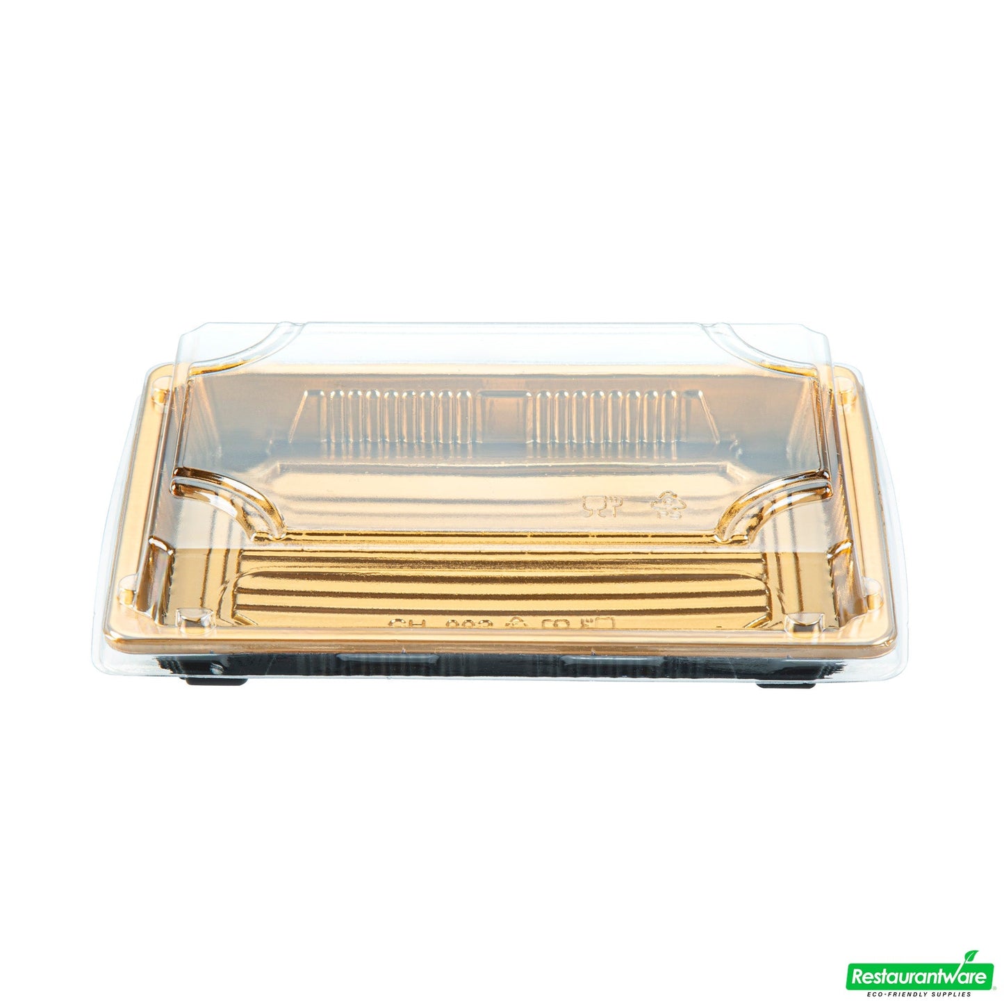 Wholesale Restaurantware Roku Rectangle Gold Plastic Take Out Sushi Tray - with Clear Lid - 7" X 5" X 1 1/2" - 100 Count Box- Bulk