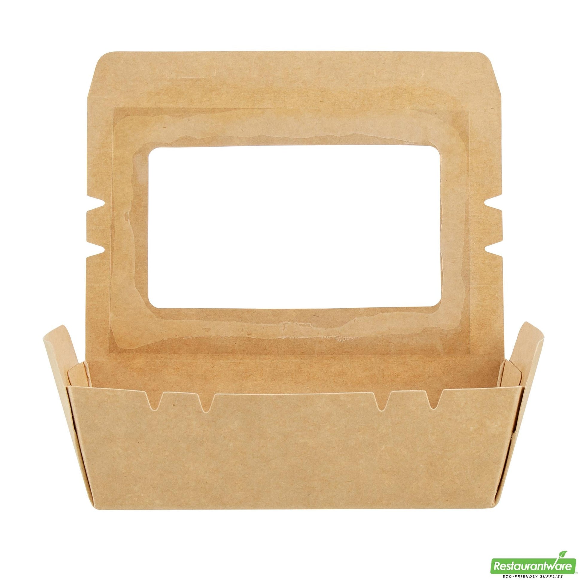 Wholesale Restaurantware Cafe Vision 21 Oz Kraft Paper Small Take Out Container - Hinge Lock - 6 1/4'' X 4'' X 1 3/4'' - 200 Count Box- Bulk