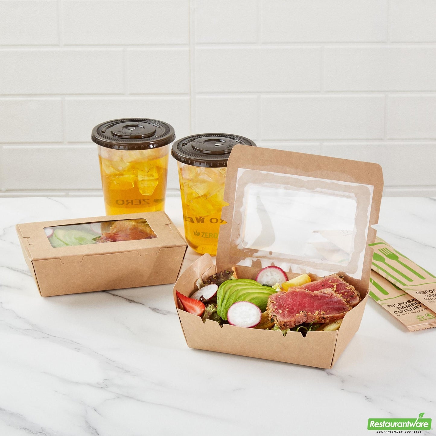 Wholesale Restaurantware Cafe Vision 21 Oz Kraft Paper Small Take Out Container - Hinge Lock - 6 1/4'' X 4'' X 1 3/4'' - 200 Count Box- Bulk