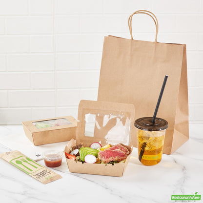 Wholesale Restaurantware Cafe Vision 21 Oz Kraft Paper Small Take Out Container - Hinge Lock - 6 1/4'' X 4'' X 1 3/4'' - 200 Count Box- Bulk