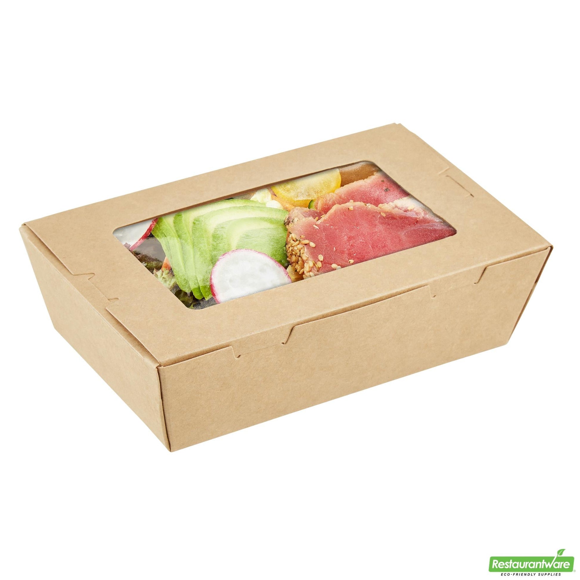 Wholesale Restaurantware Cafe Vision 21 Oz Kraft Paper Small Take Out Container - Hinge Lock - 6 1/4'' X 4'' X 1 3/4'' - 200 Count Box- Bulk
