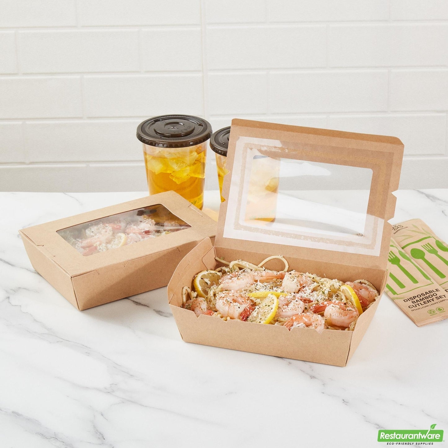 Wholesale Restaurantware Cafe Vision 42 Oz Kraft Paper Medium Take Out Container - Hinge Lock - 8'' X 5 1/2'' X 2'' - 200 Count Box- Bulk