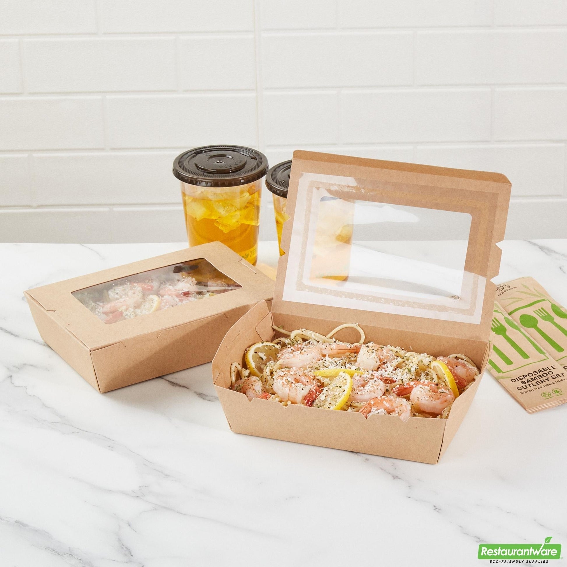 Wholesale Restaurantware Cafe Vision 42 Oz Kraft Paper Medium Take Out Container - Hinge Lock - 8'' X 5 1/2'' X 2'' - 200 Count Box- Bulk