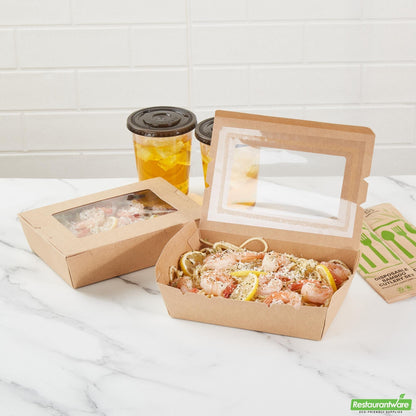Wholesale Restaurantware Cafe Vision 42 Oz Kraft Paper Medium Take Out Container - Hinge Lock - 8'' X 5 1/2'' X 2'' - 200 Count Box- Bulk