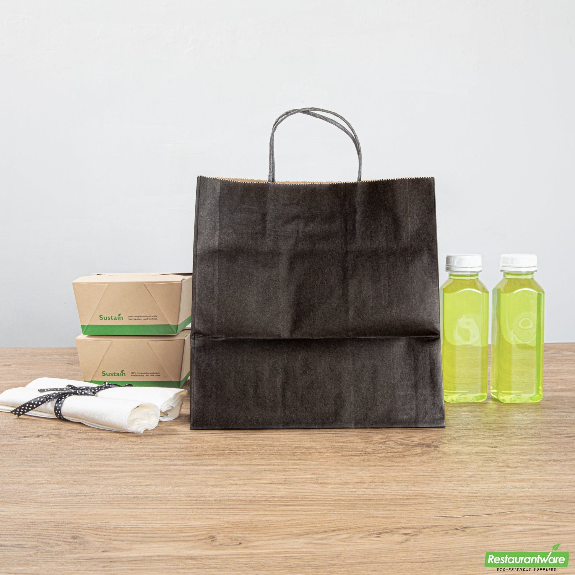 Wholesale Restaurantware Saving Nature Black Paper Retail Bag - with Handles - 10 1/4" X 7 3/4" X 10 1/2" - 100 Count Box- Bulk