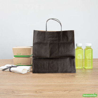 Wholesale Restaurantware Saving Nature Black Paper Retail Bag - with Handles - 10 1/4" X 7 3/4" X 10 1/2" - 100 Count Box- Bulk