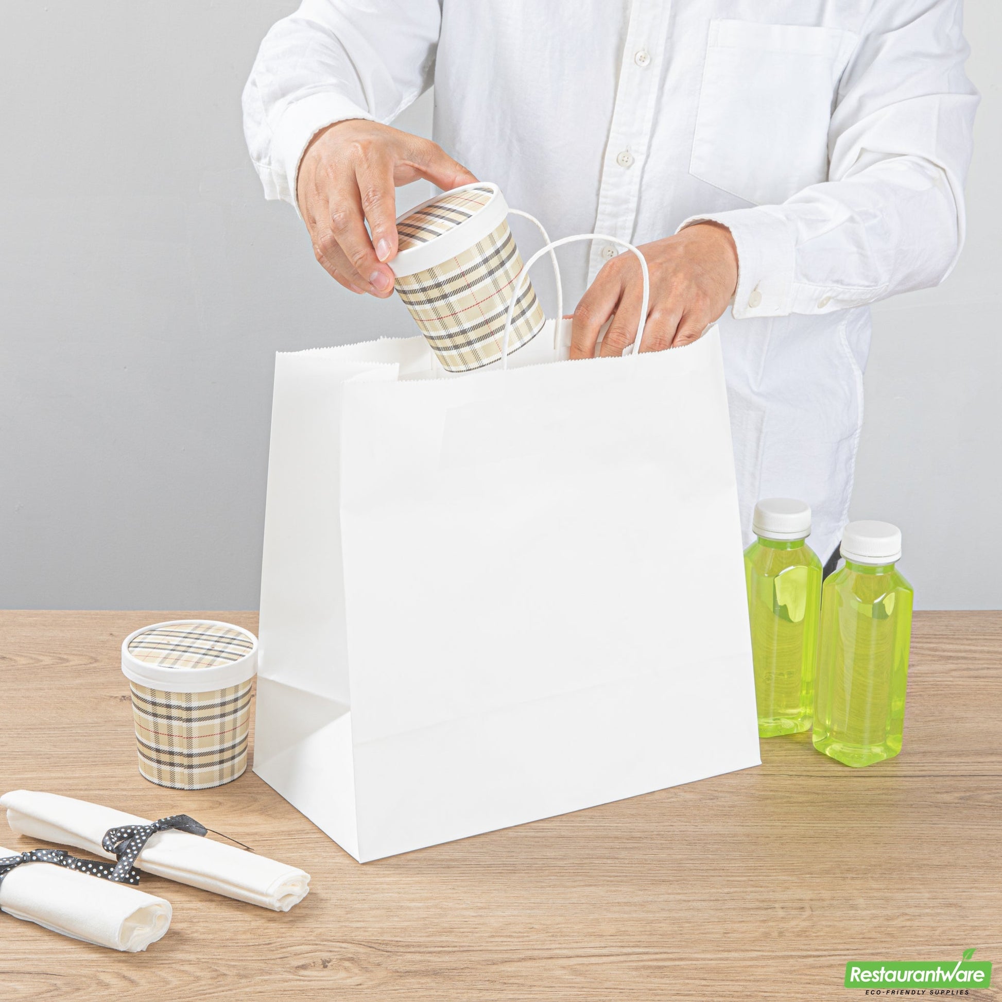 Wholesale Restaurantware Saving Nature White Paper Retail Bag - with Handles - 12 1/2" X 6 1/4" X 12 1/4" - 100 Count Box- Bulk