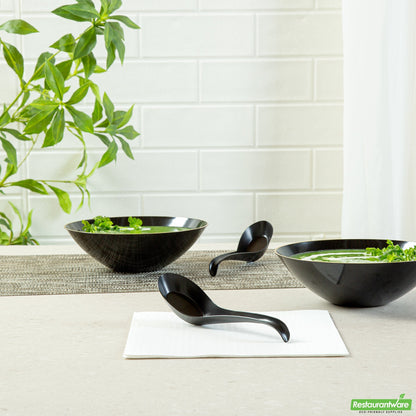 Wholesale Restaurantware RW Base Black Plastic Asian Soup Spoon - 6 1/2 X 1 3/4 X 3 1/4 - 100 Count Box- Bulk